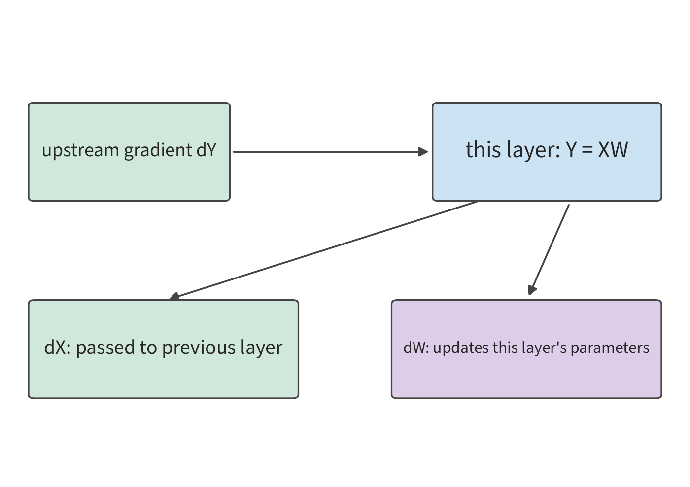 Figure 10-11: Matrix backward pass produces two gradient branches: dX is passed to the previous layer to continue backward propagation, dW is passed to this layer's reduction and parameter update. Both branches read the upstream gradient dY.