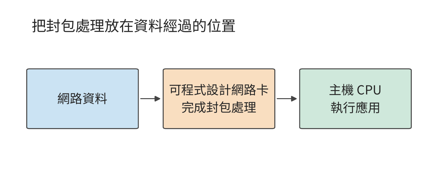 可程式設計網路卡在資料進入主機前完成指定的封包處理。圖中實線跟蹤資料；網路卡承擔的處理減少主機 CPU 的輔助工作。